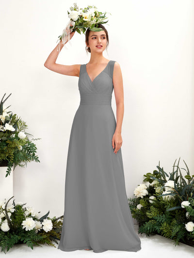 Carlyna Vestido línea A escote en V hasta el suelo vestido de dama de honor Gris Acero #color_gris-acero