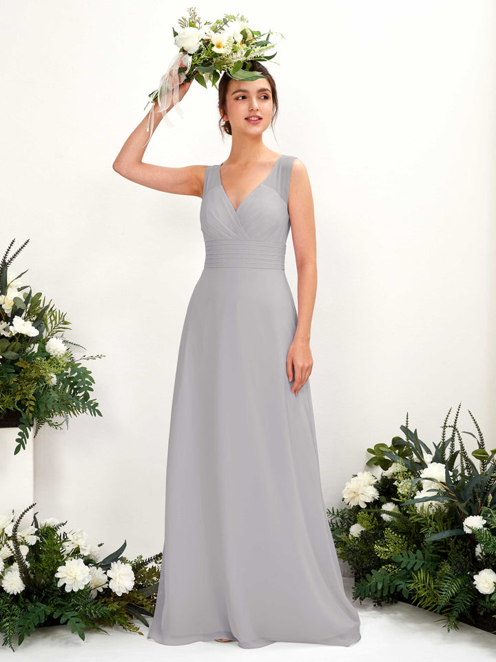 Carlyna Vestido línea A escote en V hasta el suelo vestido de dama de honor Gris Paloma 
