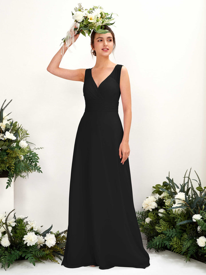 Carlyna Vestido línea A escote en V hasta el suelo vestido de dama de honor Negro 