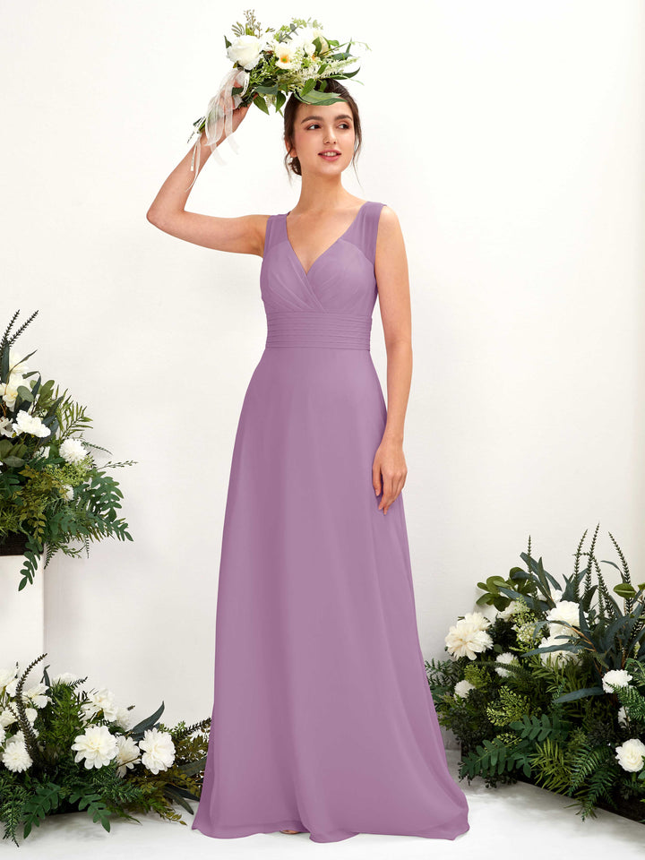 Carlyna Vestido línea A escote en V hasta el suelo vestido de dama de honor Niebla Orquídea 