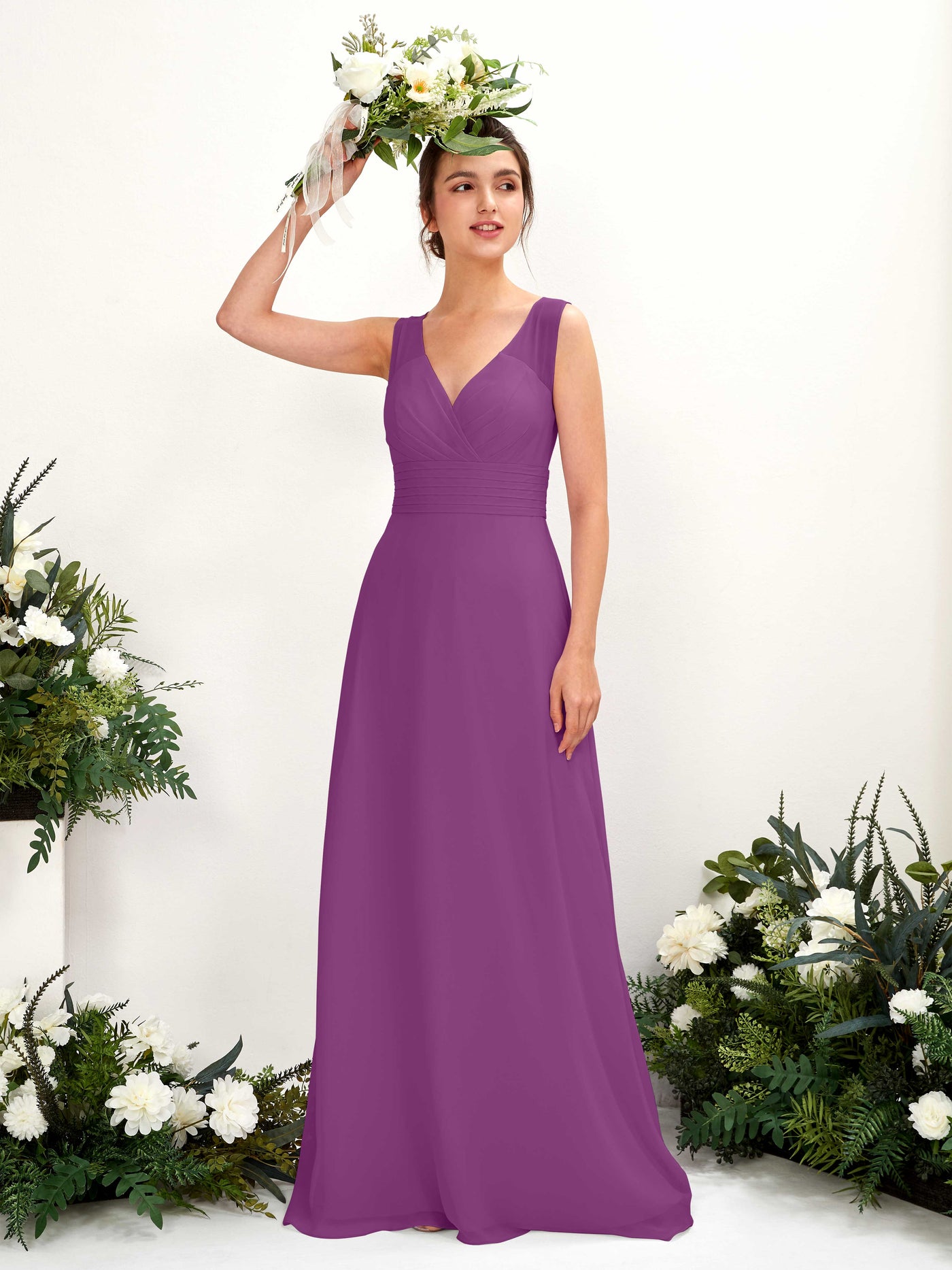 Carlyna Vestido línea A escote en V hasta el suelo vestido de dama de honor Púrpura #color_p-rpura