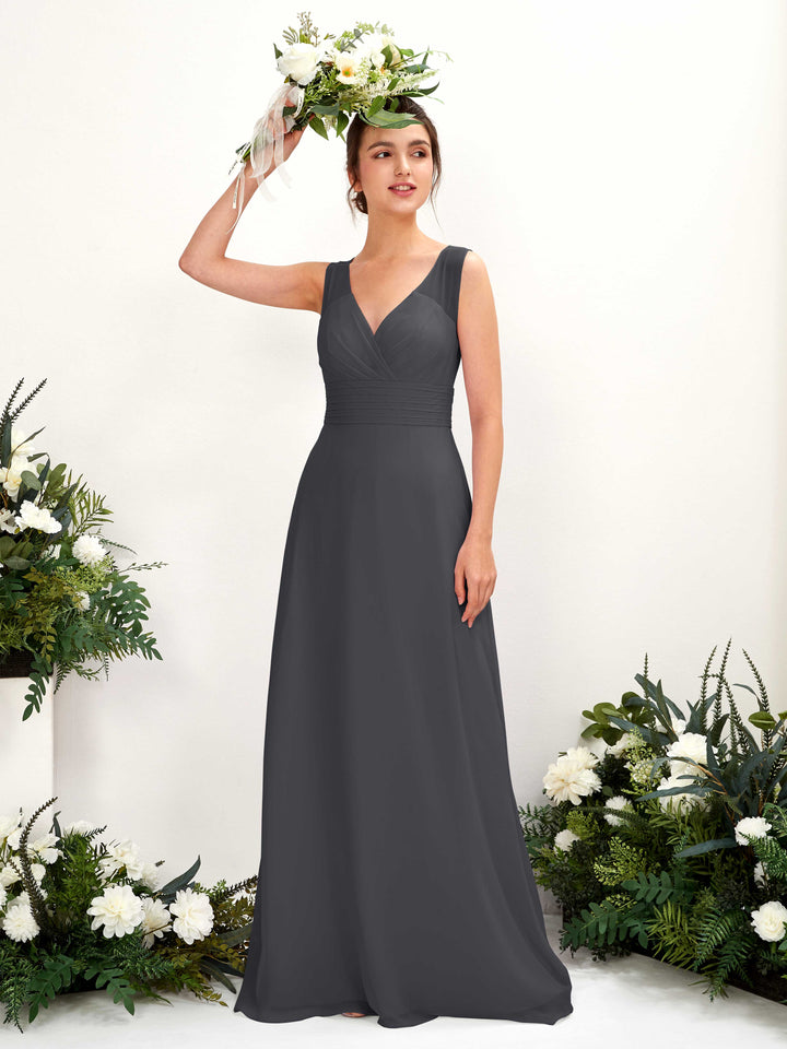 Carlyna Vestido línea A escote en V hasta el suelo vestido de dama de honor Peltre 
