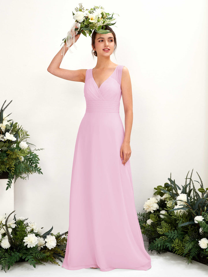 Carlyna Vestido línea A escote en V hasta el suelo vestido de dama de honor Rosa Caramelo 