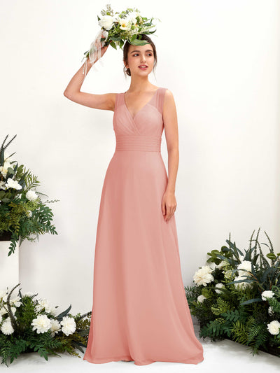 Carlyna Vestido línea A escote en V hasta el suelo vestido de dama de honor Rosa Champán #color_rosa-champ-n