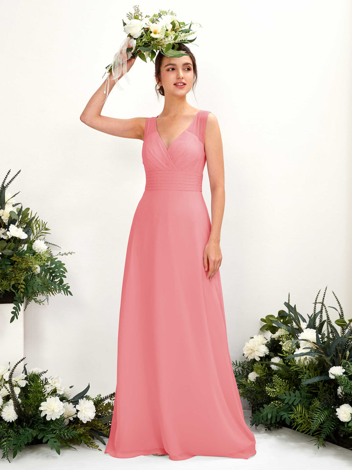 Carlyna Vestido línea A escote en V hasta el suelo vestido de dama de honor Rosa Coral 