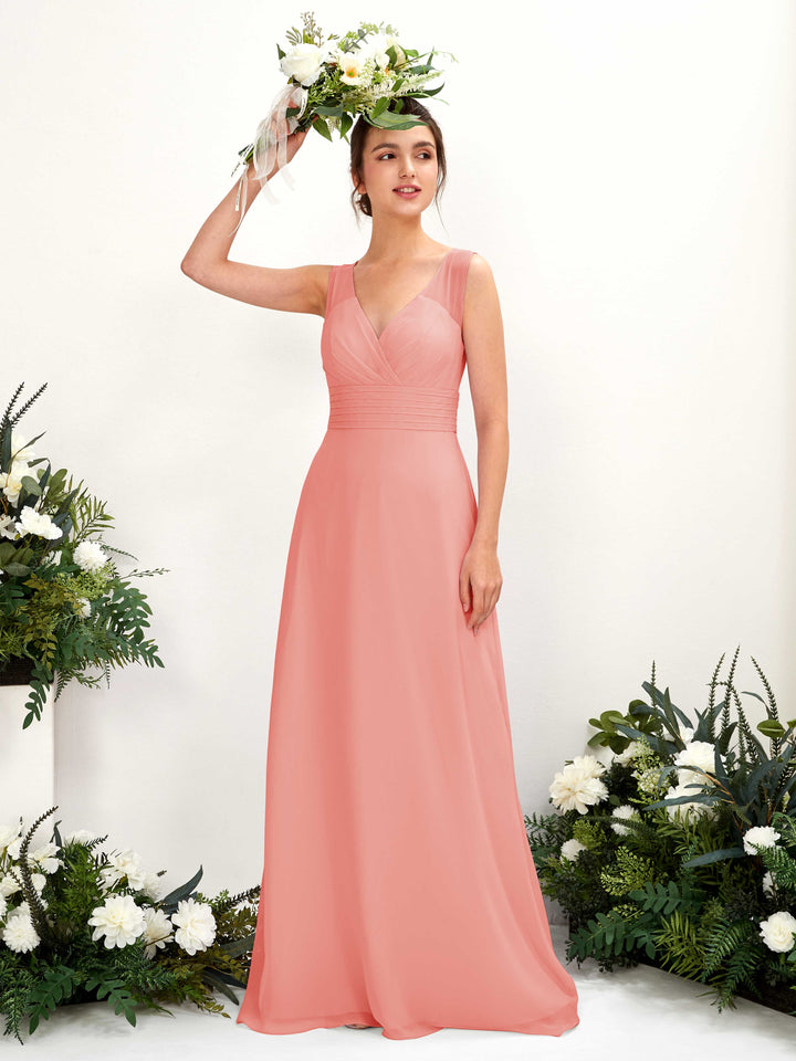 Carlyna Vestido línea A escote en V hasta el suelo vestido de dama de honor Rosa Melocotón 