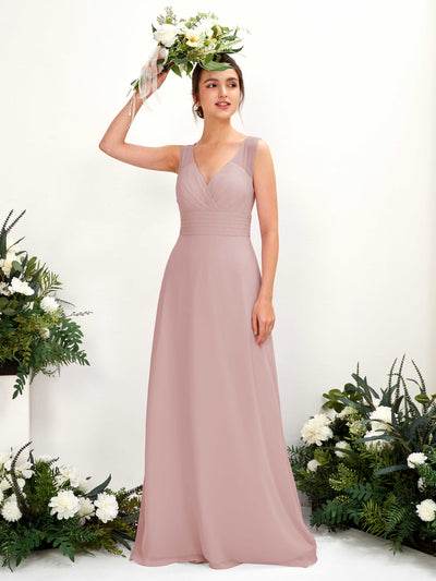 Carlyna Vestido línea A escote en V hasta el suelo vestido de dama de honor Rosa Polvorienta #color_rosa-polvorienta