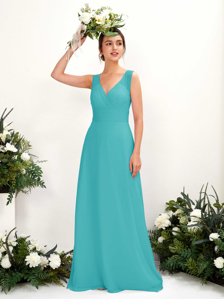 Carlyna Vestido línea A escote en V hasta el suelo vestido de dama de honor Turquesa 