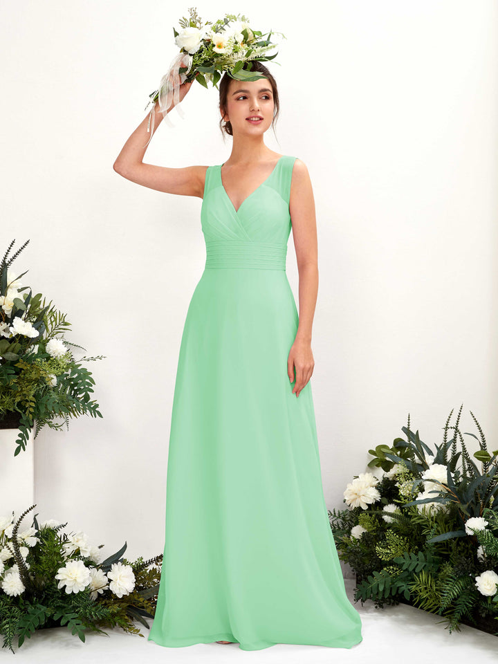 Carlyna Vestido línea A escote en V hasta el suelo vestido de dama de honor Verde Menta 