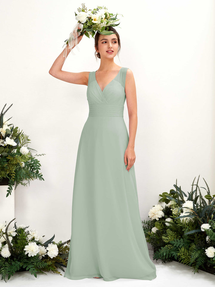 Carlyna Vestido línea A escote en V hasta el suelo vestido de dama de honor Verde Salvia 