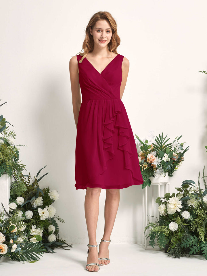 Carlyna Vestido línea A escote en V hasta la rodilla gasa dama de honor Rojo Bufón 