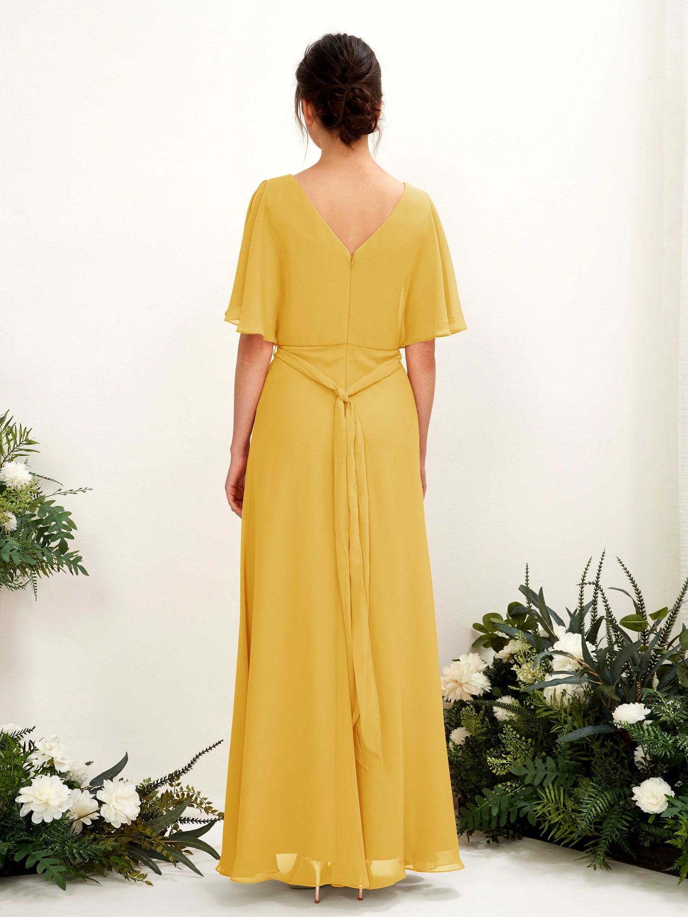 Carlyna Vestido Línea A Escote en V Manga Capa Hasta el suelo Dama de honor Amarillo Mostaza #color_amarillo-mostaza