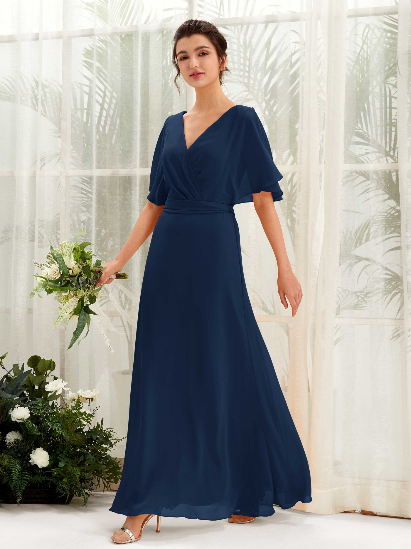 Carlyna Vestido Línea A Escote en V Manga Capa Hasta el suelo Dama de honor Azul Marino #color_azul-marino