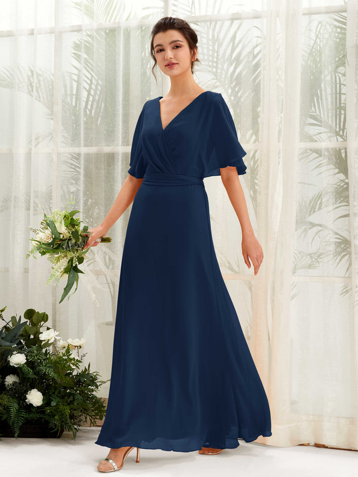 Carlyna Vestido Línea A Escote en V Manga Capa Hasta el suelo Dama de honor Azul Marino 