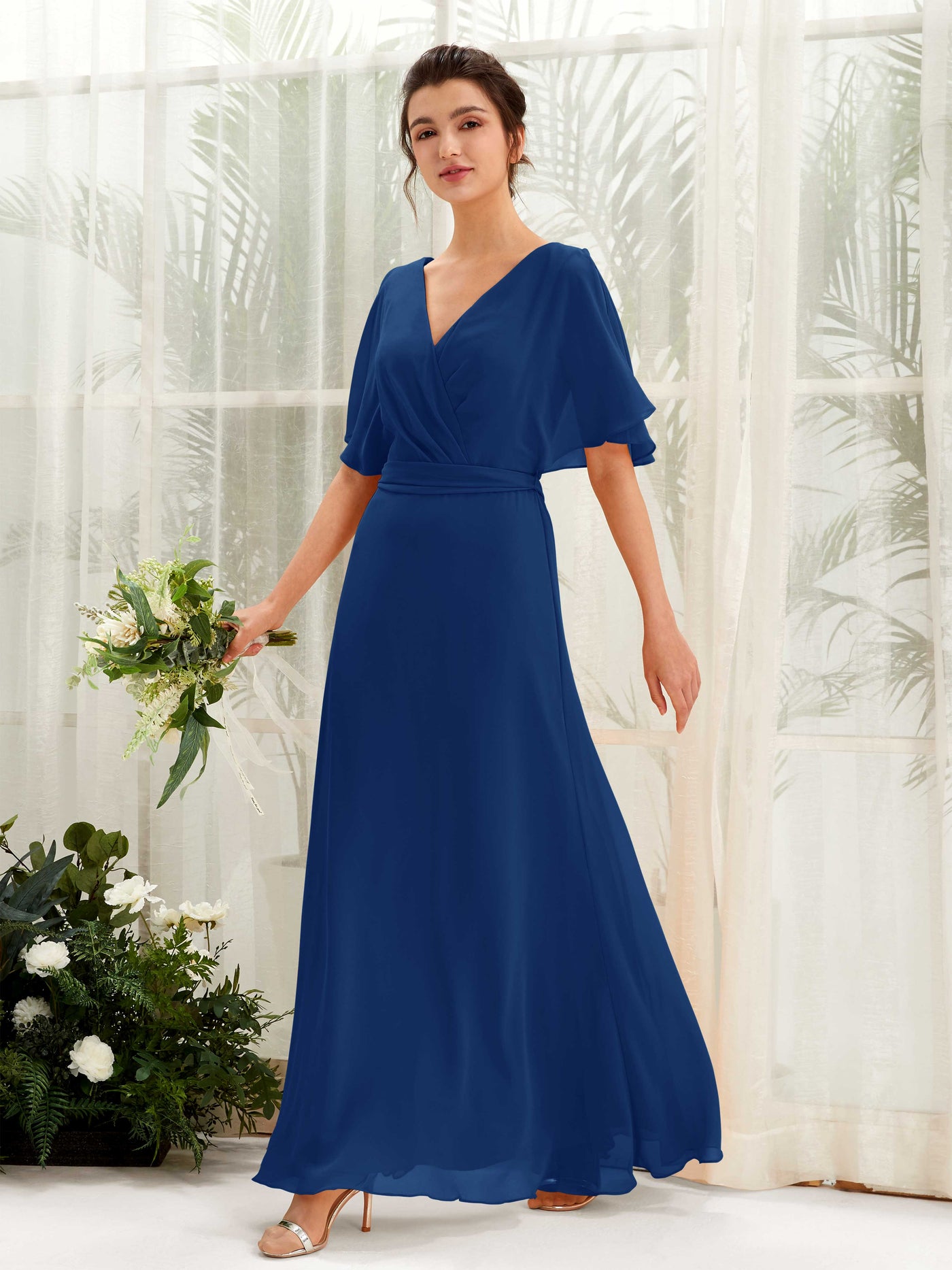Carlyna Vestido Línea A Escote en V Manga Capa Hasta el suelo Dama de honor Azul Real #color_azul-real
