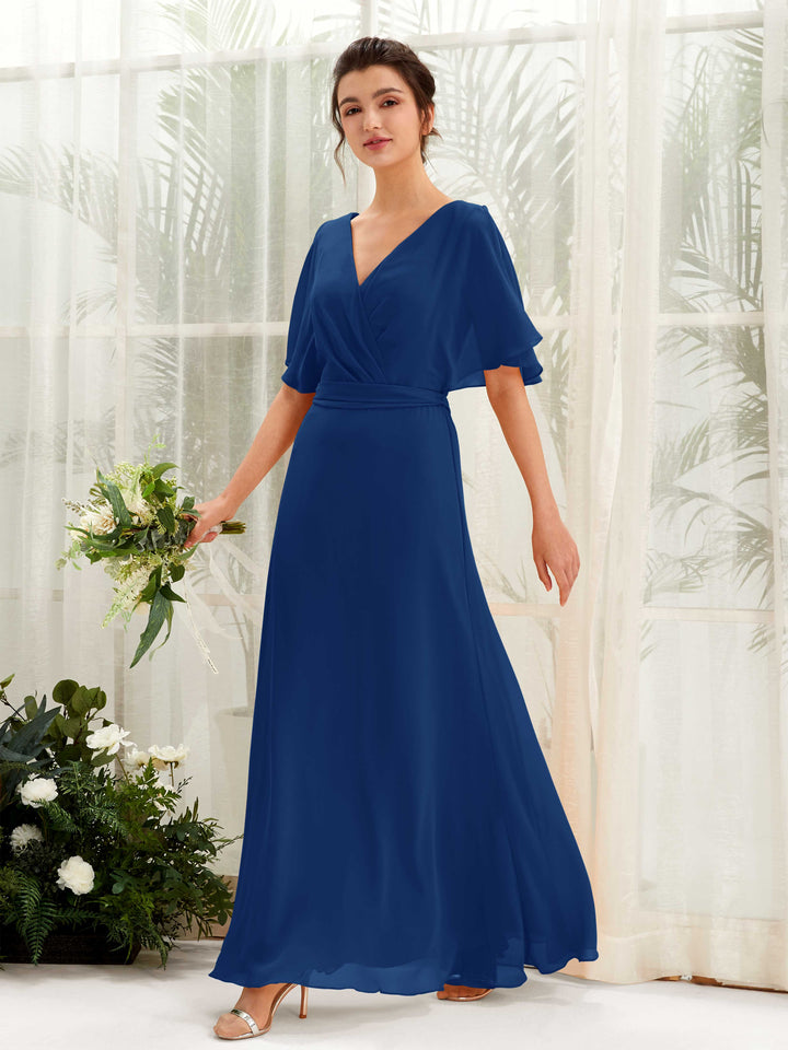Carlyna Vestido Línea A Escote en V Manga Capa Hasta el suelo Dama de honor Azul Real 