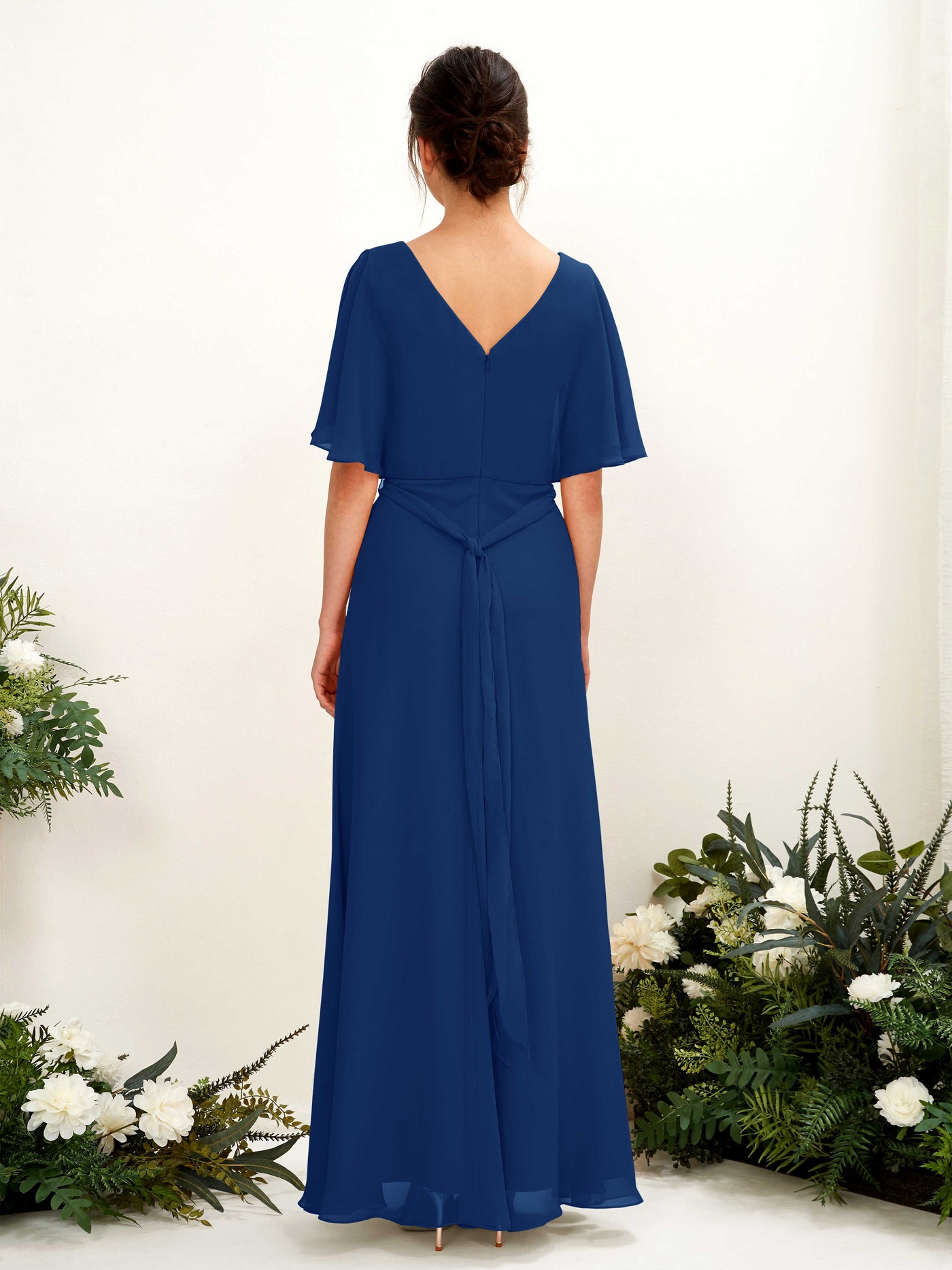 Carlyna Vestido Línea A Escote en V Manga Capa Hasta el suelo Dama de honor Azul Real #color_azul-real