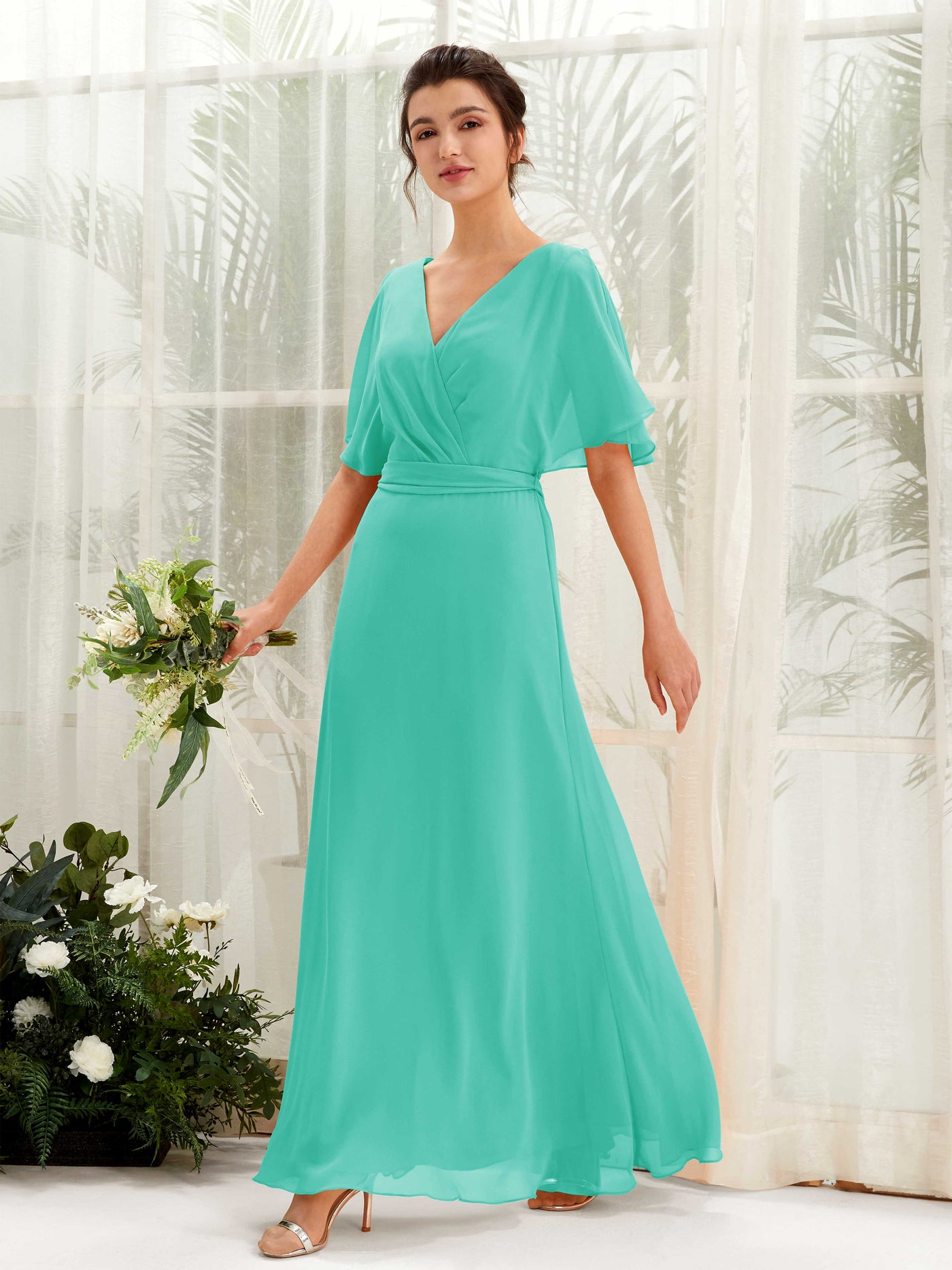 Carlyna Vestido Línea A Escote en V Manga Capa Hasta el suelo Dama de honor Azul Tiffany #color_azul-tiffany