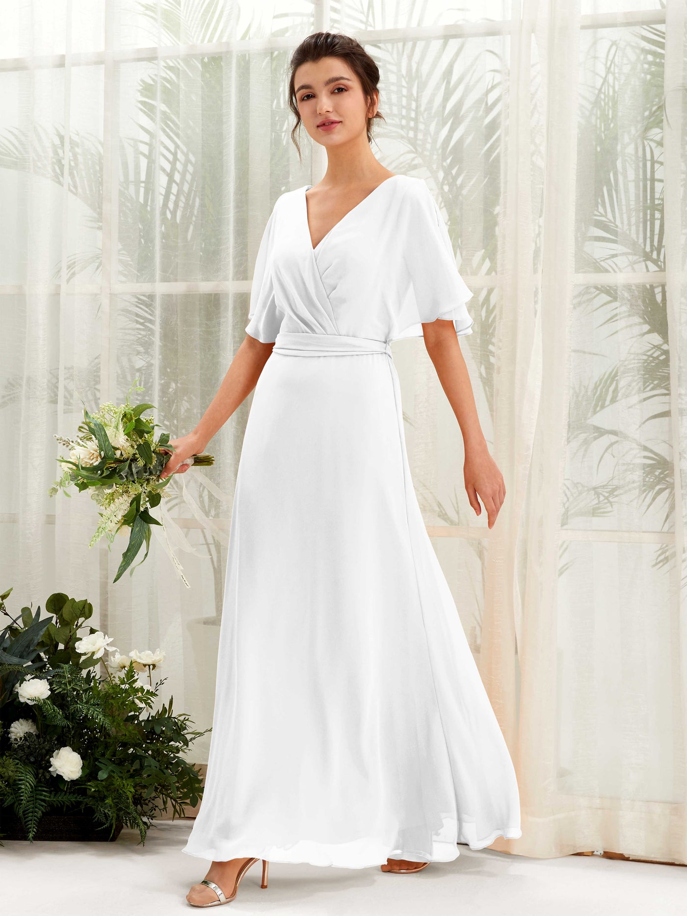 Carlyna Vestido Línea A Escote en V Manga Capa Hasta el suelo Dama de honor Blanco #color_blanco