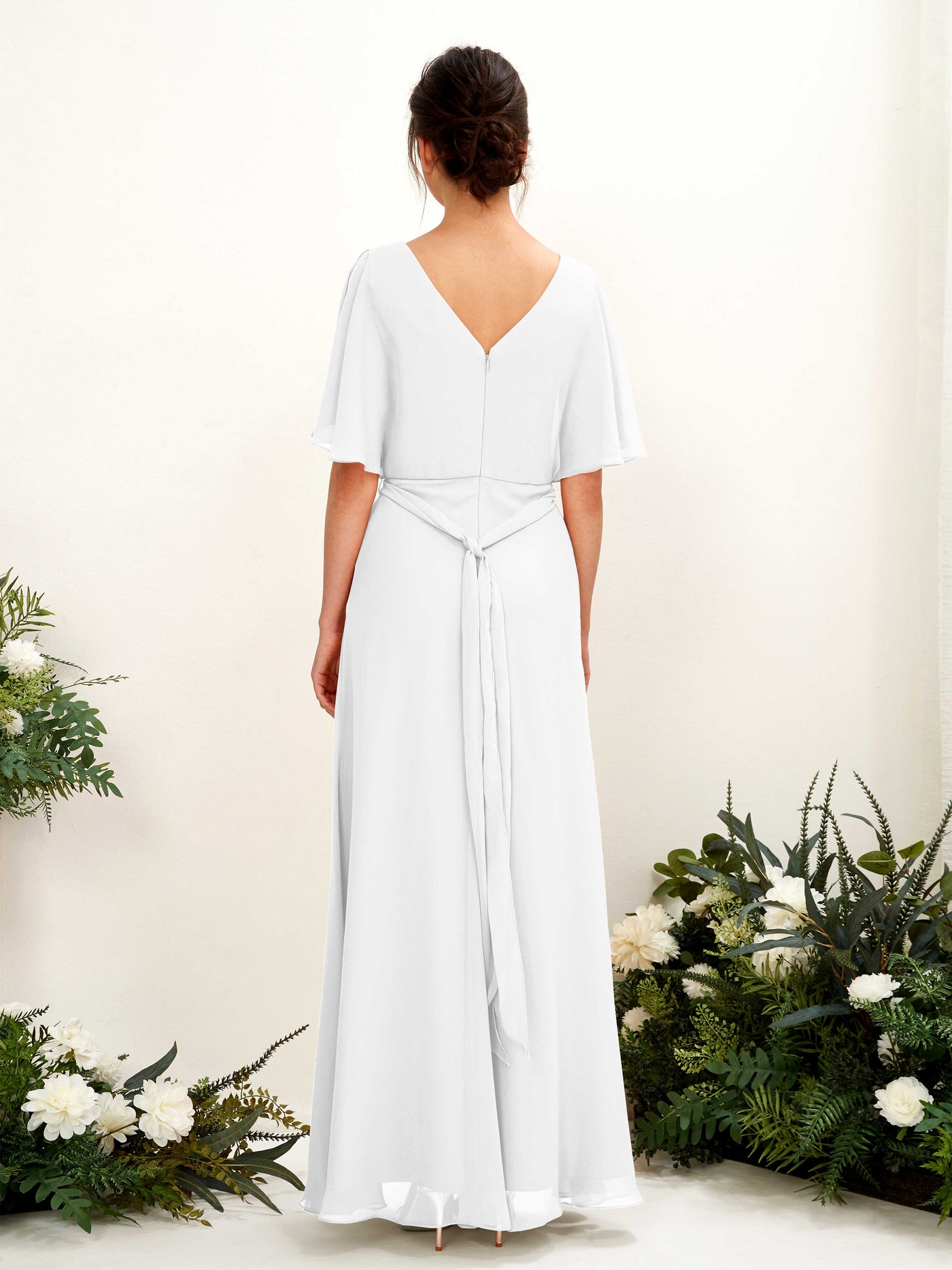 Carlyna Vestido Línea A Escote en V Manga Capa Hasta el suelo Dama de honor Blanco #color_blanco