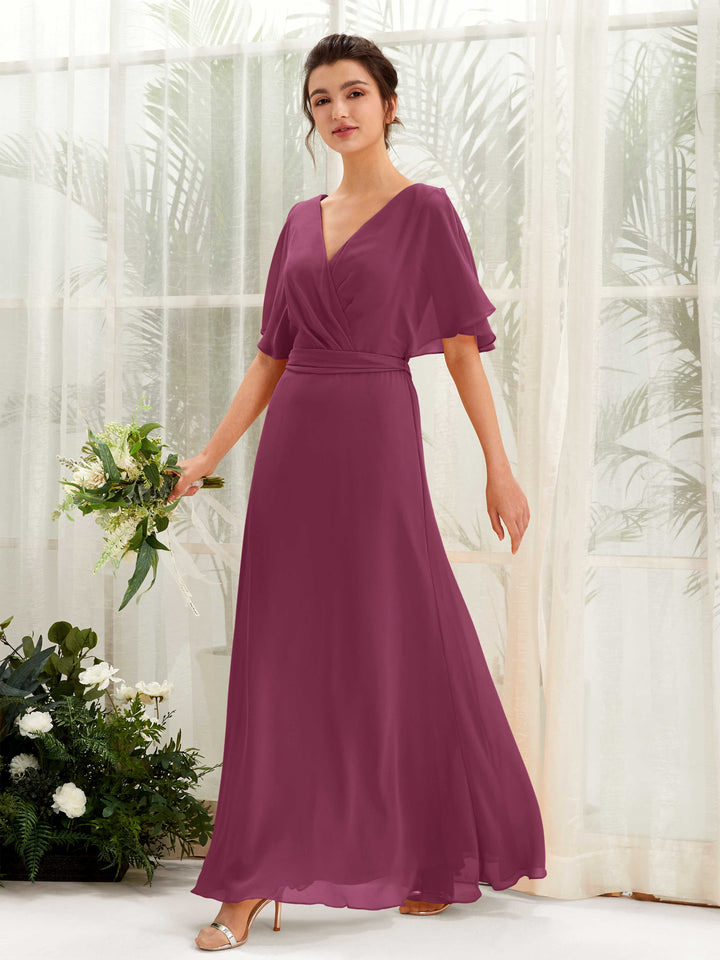 Carlyna Vestido Línea A Escote en V Manga Capa Hasta el suelo Dama de honor Chianti 