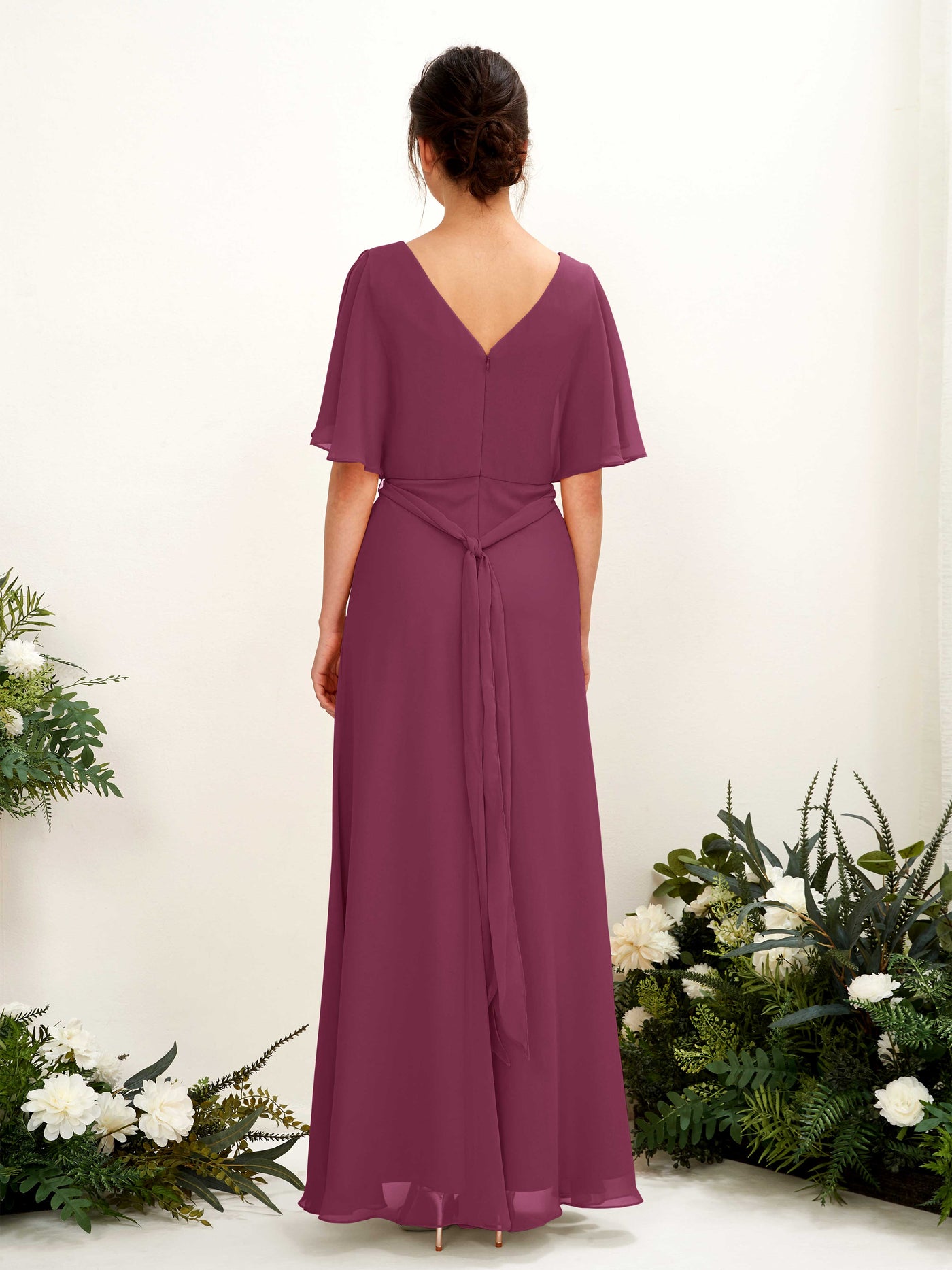 Carlyna Vestido Línea A Escote en V Manga Capa Hasta el suelo Dama de honor Chianti #color_chianti