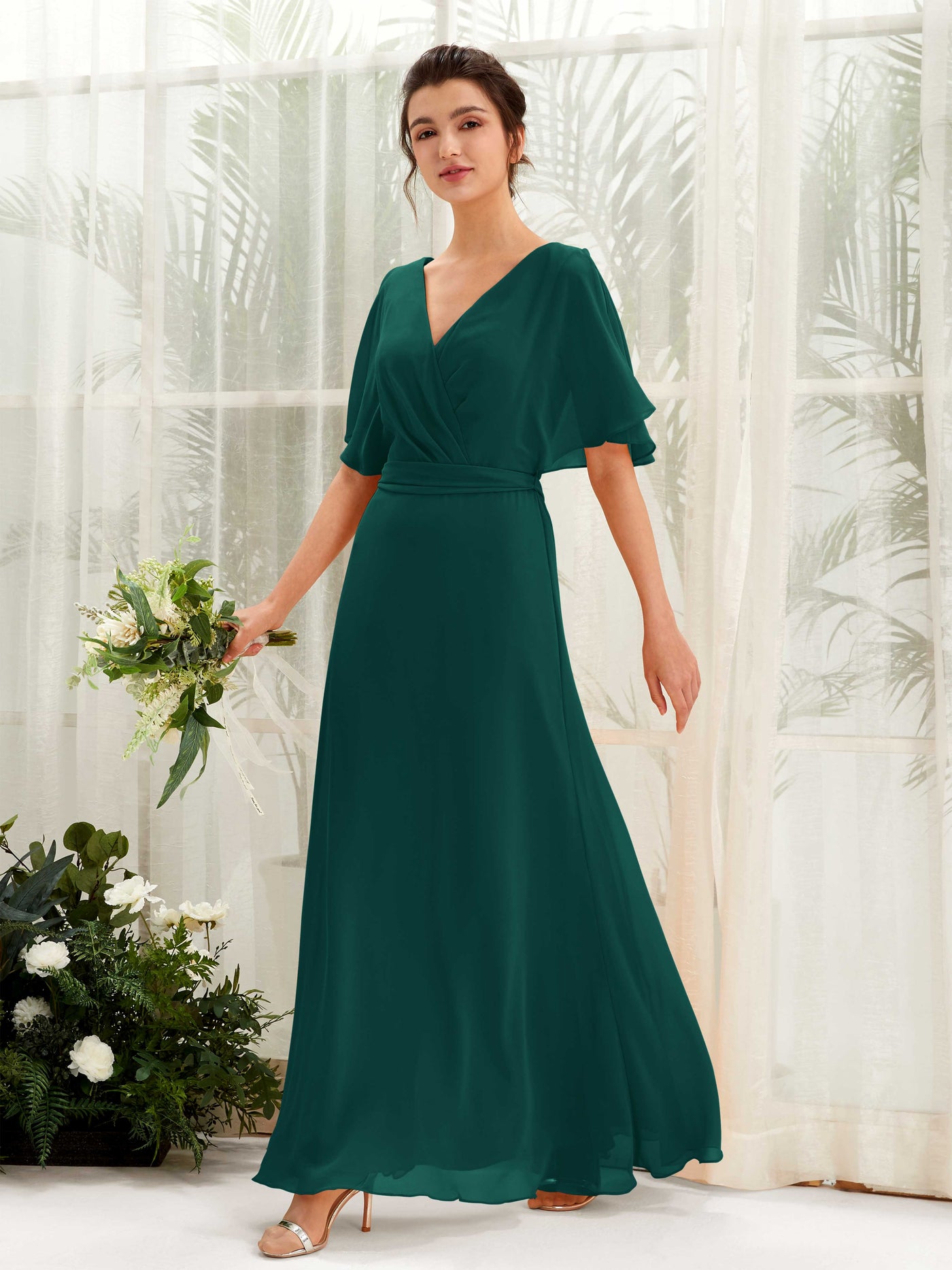Carlyna Vestido Línea A Escote en V Manga Capa Hasta el suelo Dama de honor Esmeralda Oscuro #color_esmeralda-oscuro