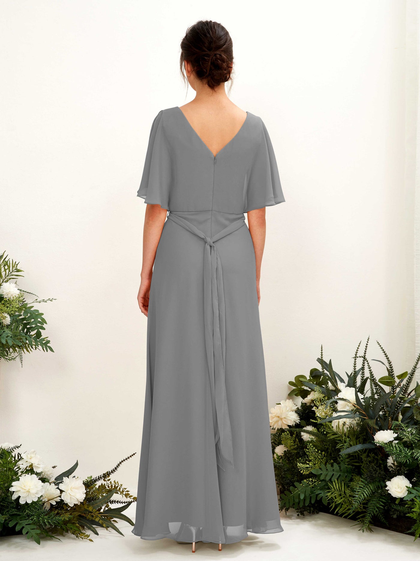 Carlyna Vestido Línea A Escote en V Manga Capa Hasta el suelo Dama de honor Gris Acero #color_gris-acero