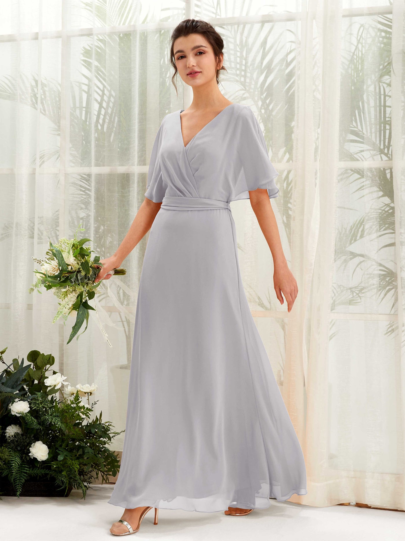 Carlyna Vestido Línea A Escote en V Manga Capa Hasta el suelo Dama de honor Gris Paloma #color_gris-paloma
