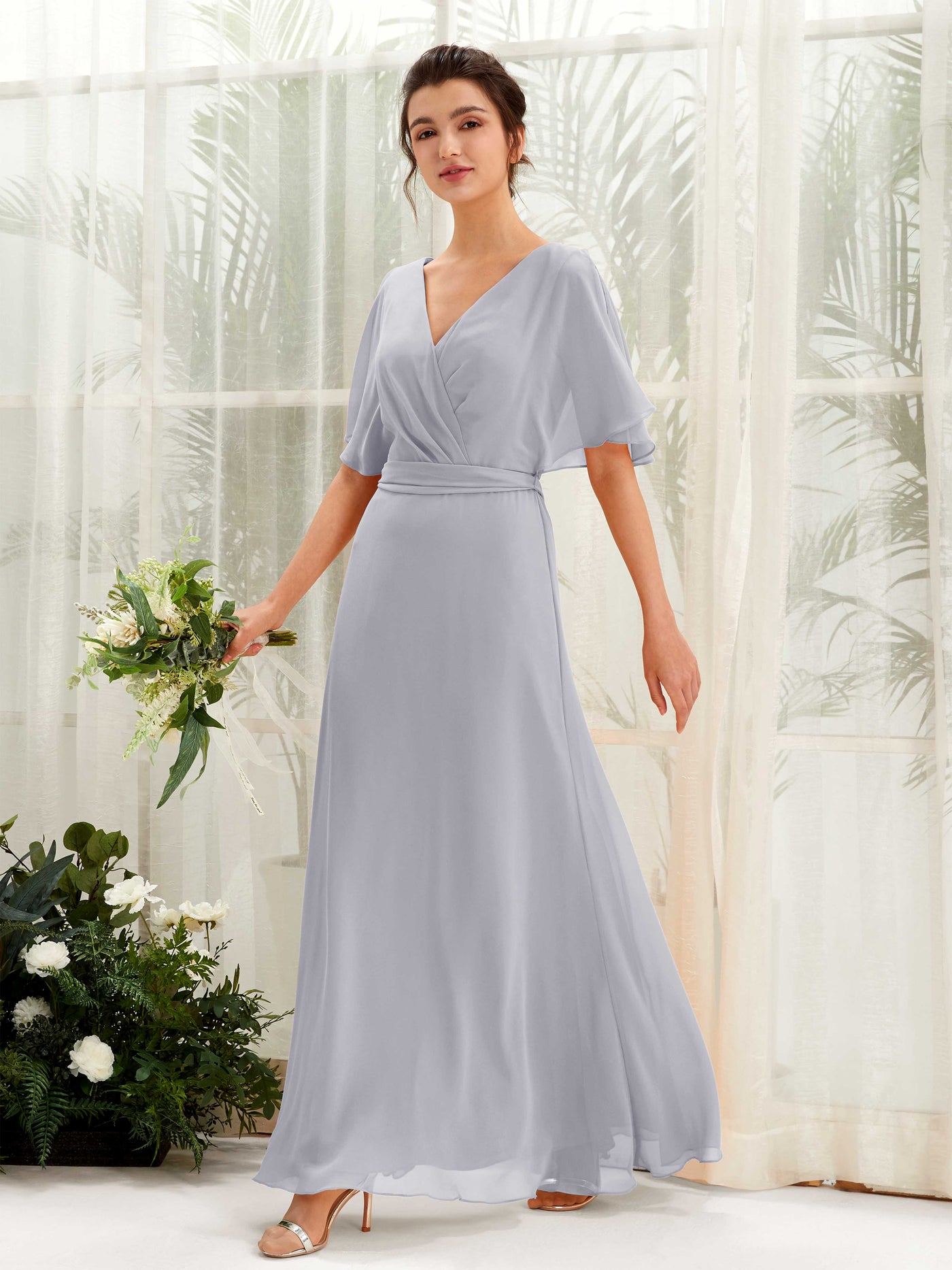 Carlyna Vestido Línea A Escote en V Manga Capa Hasta el suelo Dama de honor Lavanda Viejo #color_lavanda-viejo