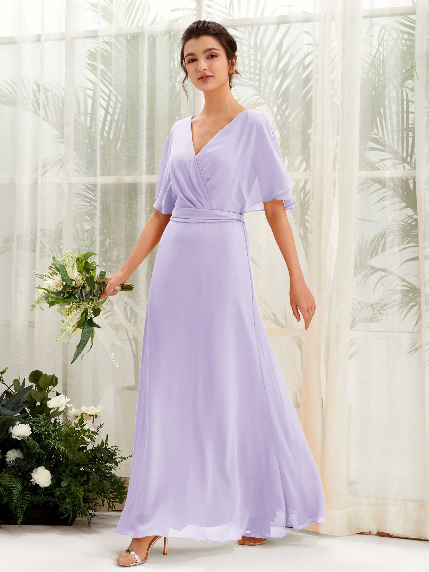 Carlyna Vestido Línea A Escote en V Manga Capa Hasta el suelo Dama de honor Lila #color_lila