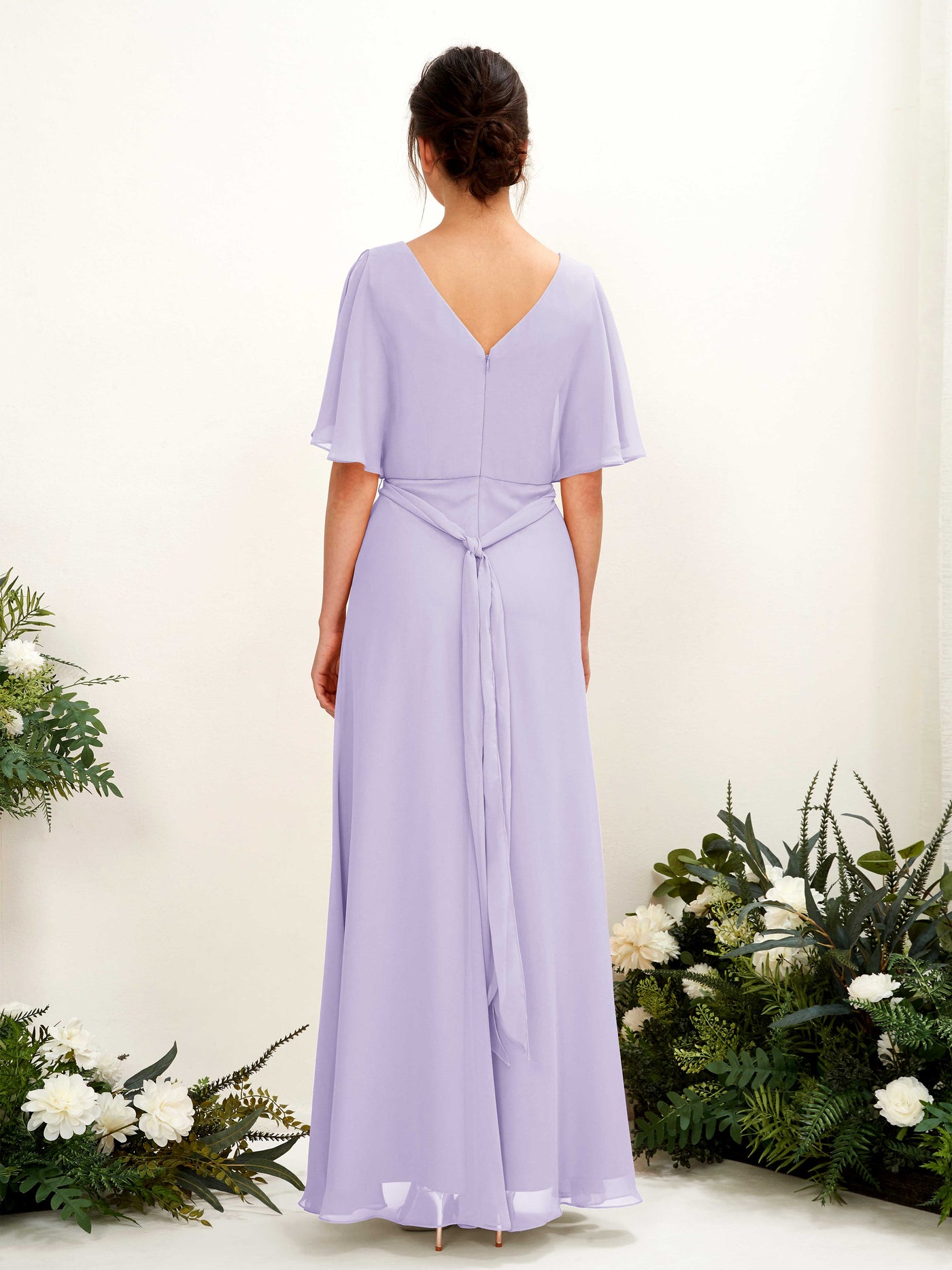 Carlyna Vestido Línea A Escote en V Manga Capa Hasta el suelo Dama de honor Lila #color_lila