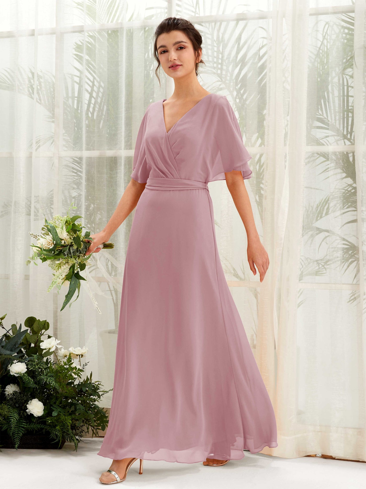 Carlyna Vestido Línea A Escote en V Manga Capa Hasta el suelo Dama de honor Malva Clásico #color_malva-cl-sico