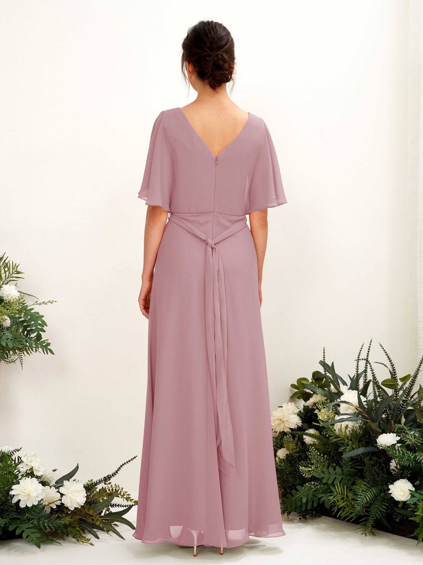 Carlyna Vestido Línea A Escote en V Manga Capa Hasta el suelo Dama de honor Malva Clásico #color_malva-cl-sico