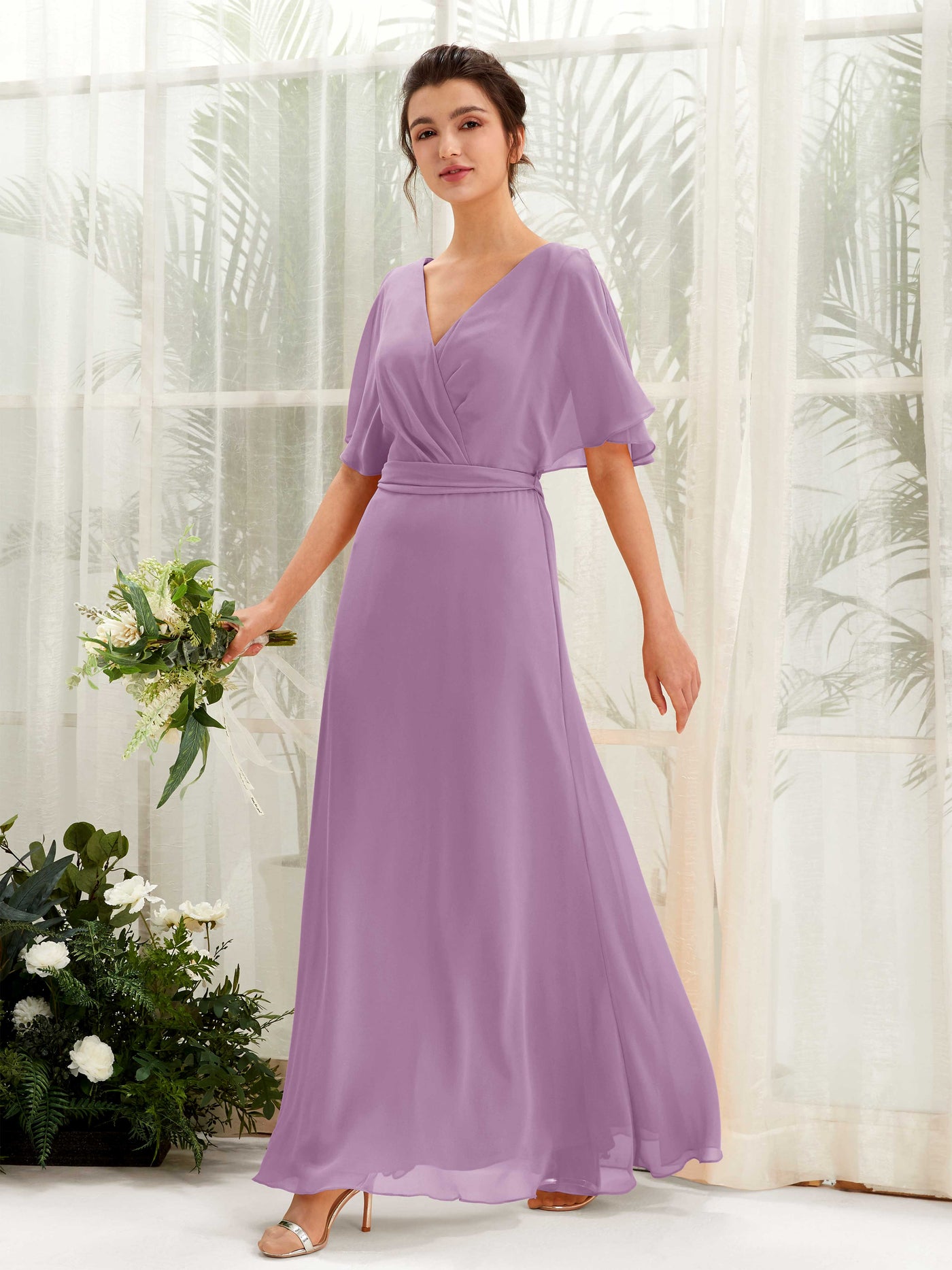 Carlyna Vestido Línea A Escote en V Manga Capa Hasta el suelo Dama de honor Niebla Orquídea #color_niebla-orqu-dea