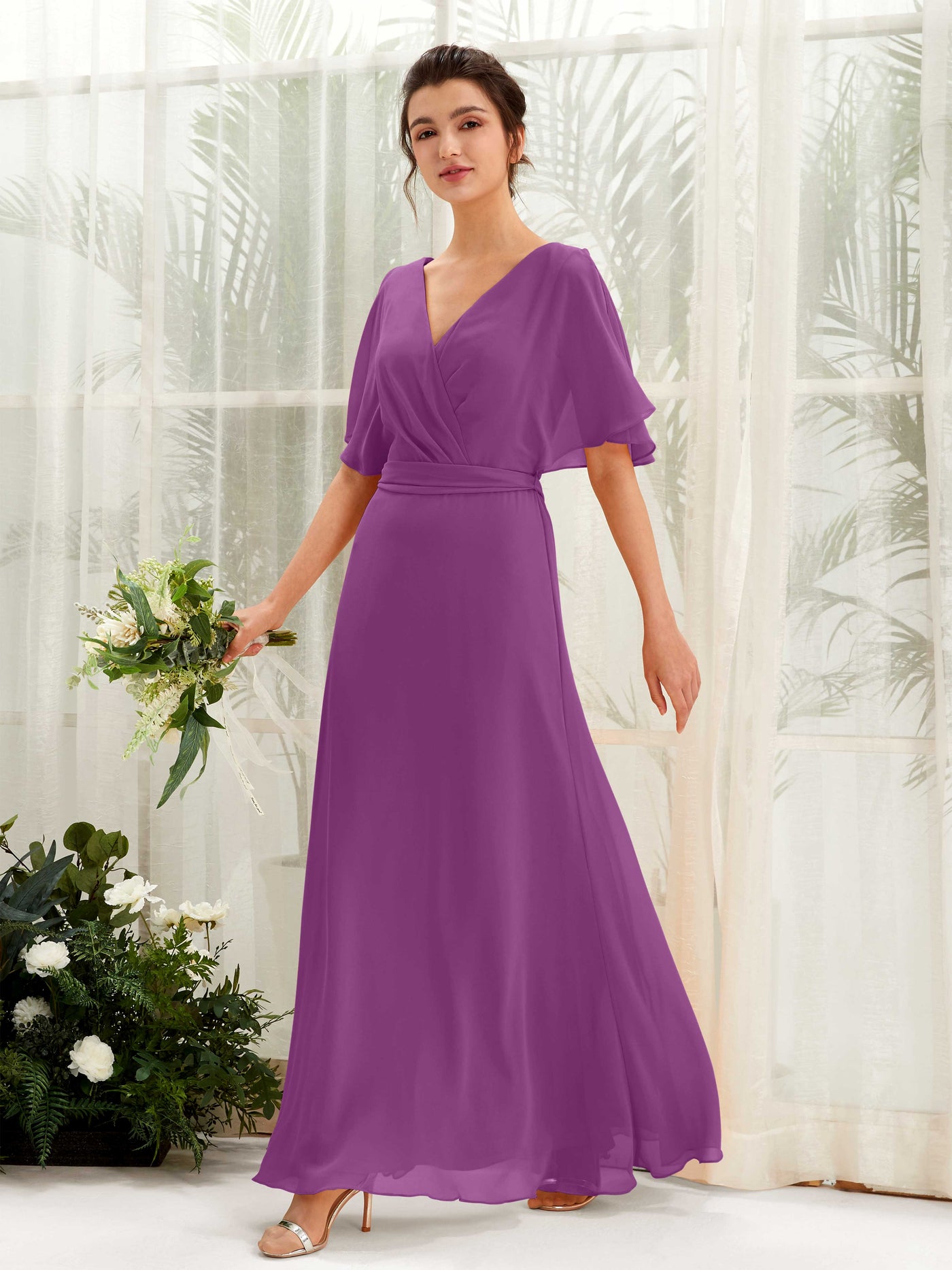 Carlyna Vestido Línea A Escote en V Manga Capa Hasta el suelo Dama de honor Púrpura #color_p-rpura