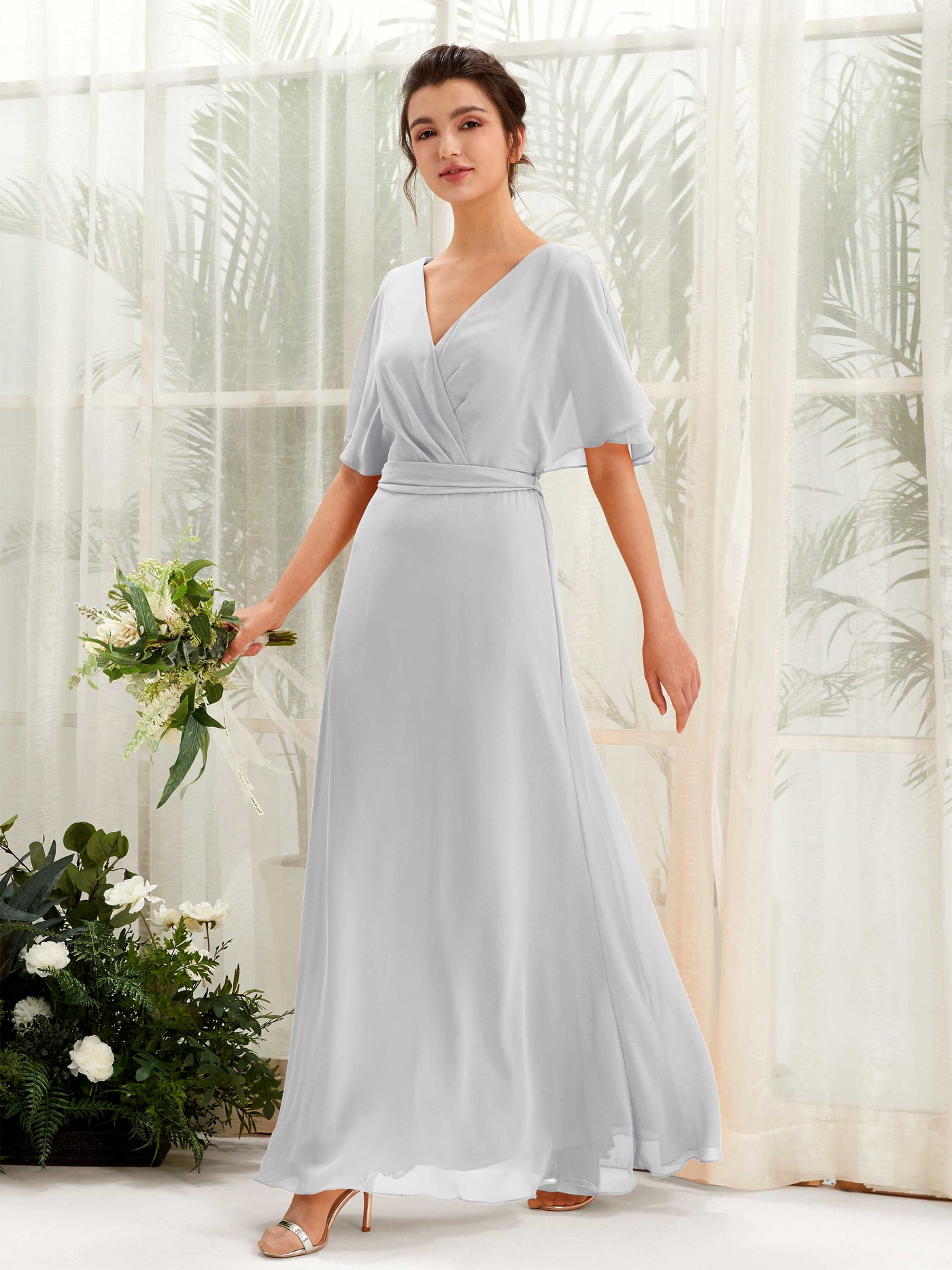 Carlyna Vestido Línea A Escote en V Manga Capa Hasta el suelo Dama de honor Plata #color_plata