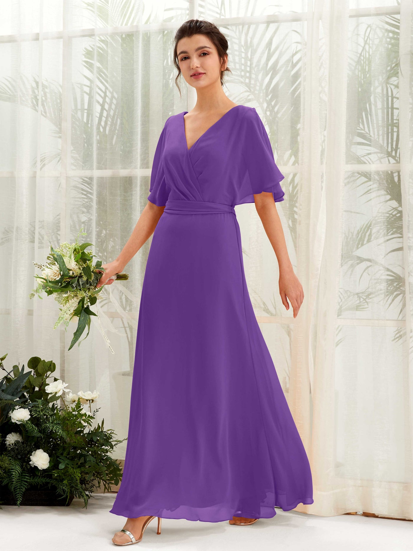 Carlyna Vestido Línea A Escote en V Manga Capa Hasta el suelo Dama de honor Regencia #color_regencia