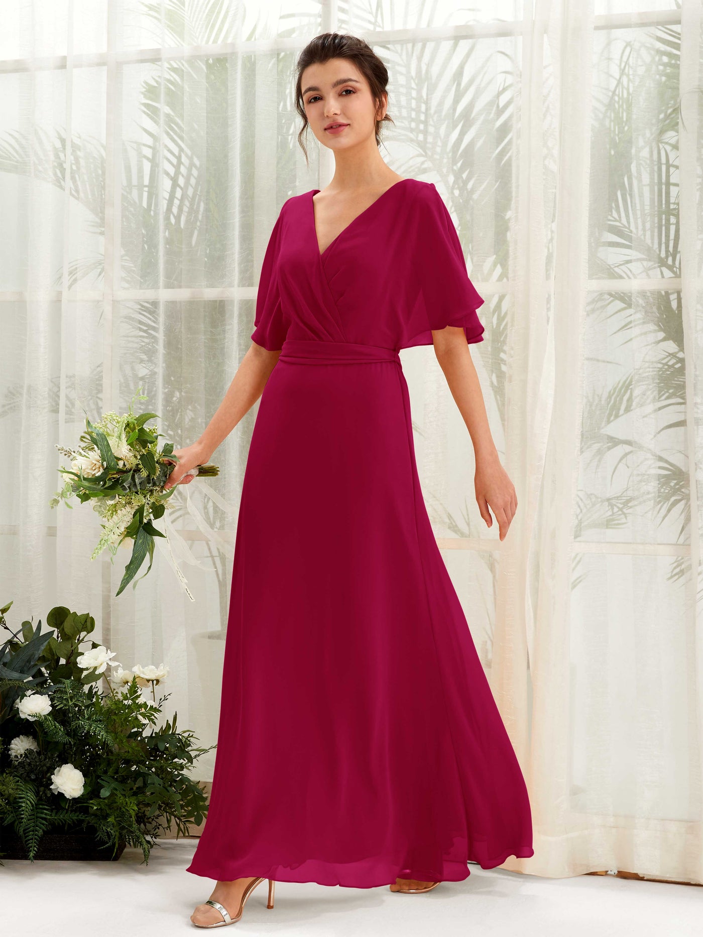 Carlyna Vestido Línea A Escote en V Manga Capa Hasta el suelo Dama de honor Rojo Bufón #color_rojo-buf-n