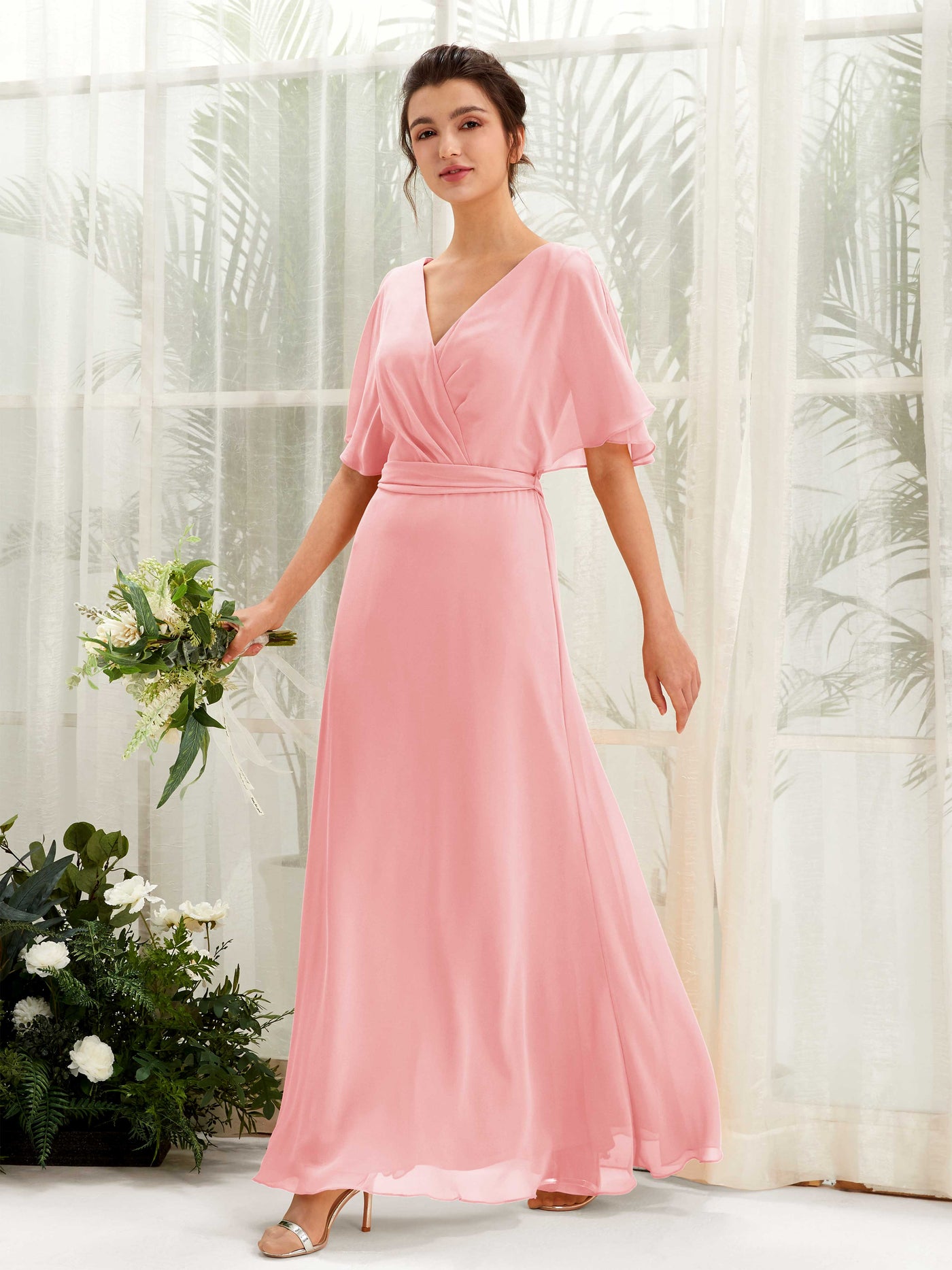 Carlyna Vestido Línea A Escote en V Manga Capa Hasta el suelo Dama de honor Rosa Ballet #color_rosa-ballet