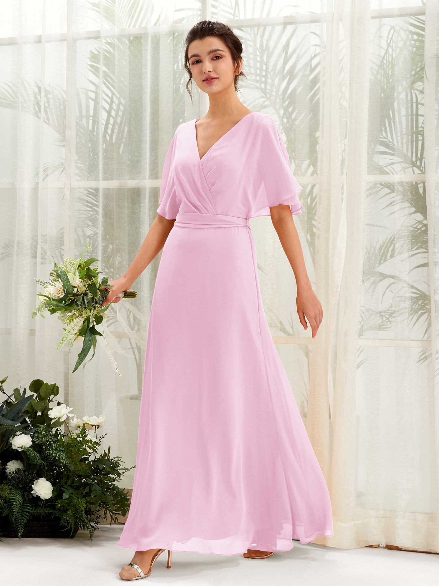 Carlyna Vestido Línea A Escote en V Manga Capa Hasta el suelo Dama de honor Rosa Caramelo #color_rosa-caramelo