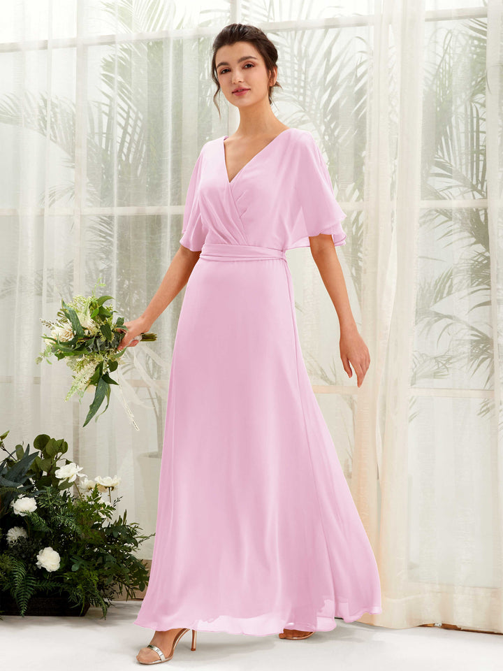 Carlyna Vestido Línea A Escote en V Manga Capa Hasta el suelo Dama de honor Rosa Caramelo 