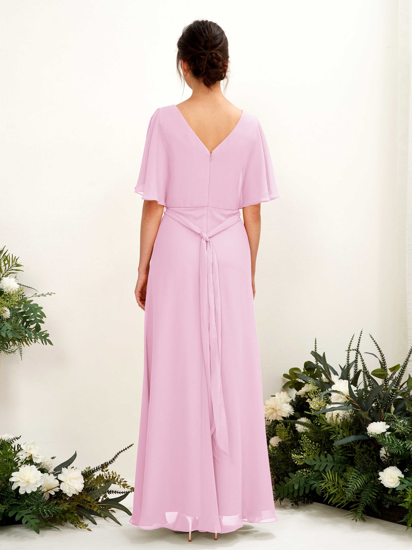 Carlyna Vestido Línea A Escote en V Manga Capa Hasta el suelo Dama de honor Rosa Caramelo #color_rosa-caramelo