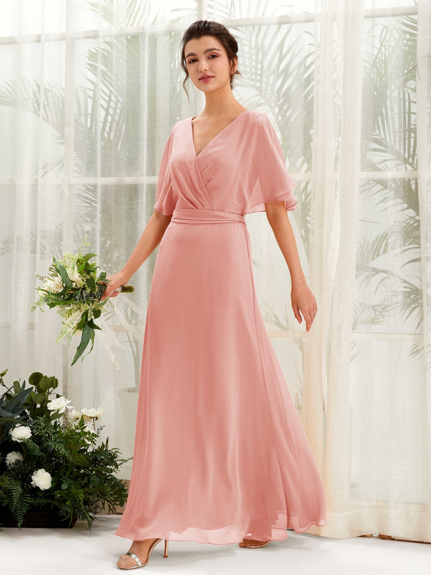 Carlyna Vestido Línea A Escote en V Manga Capa Hasta el suelo Dama de honor Rosa Champán #color_rosa-champ-n