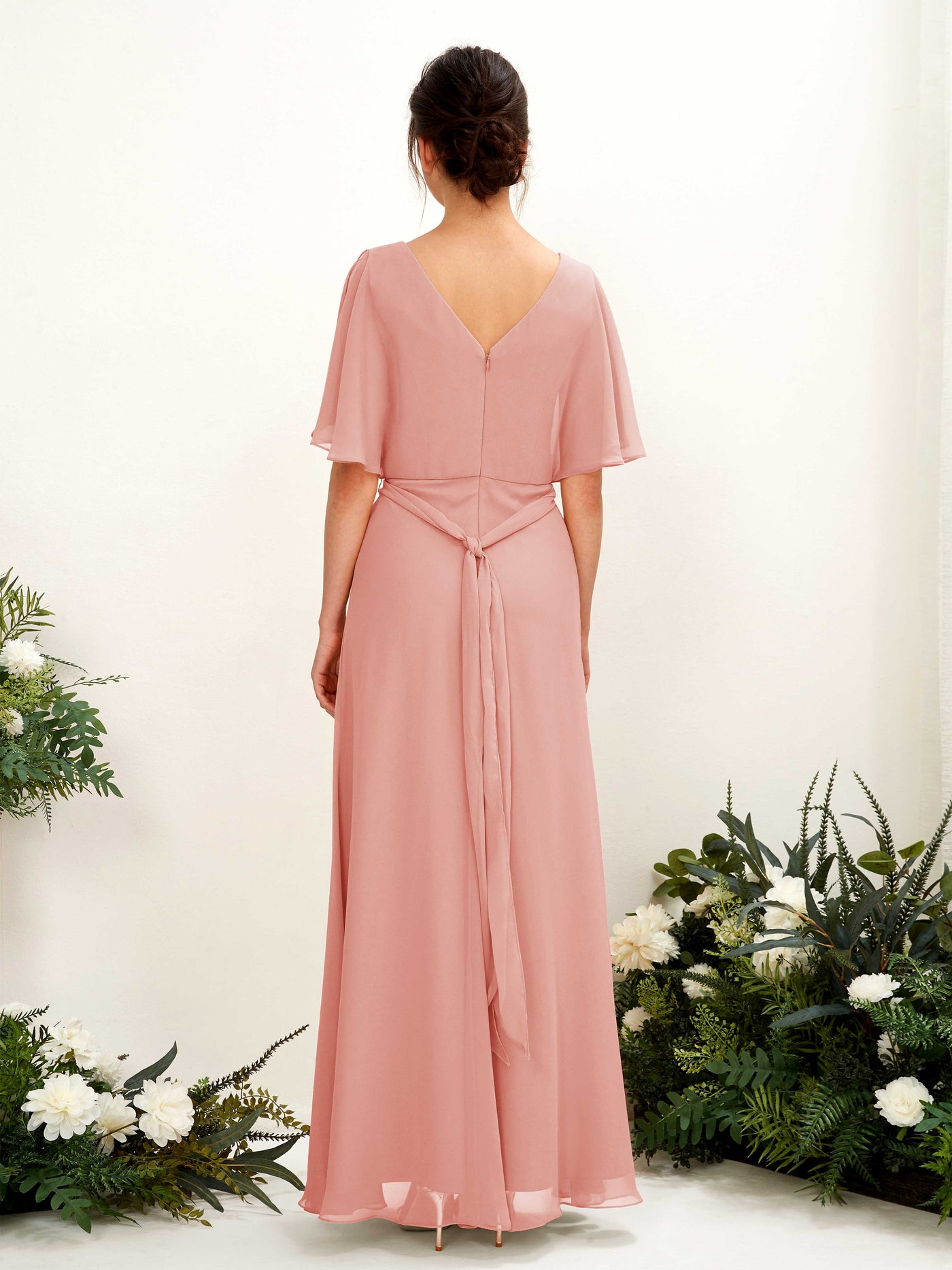 Carlyna Vestido Línea A Escote en V Manga Capa Hasta el suelo Dama de honor Rosa Champán #color_rosa-champ-n