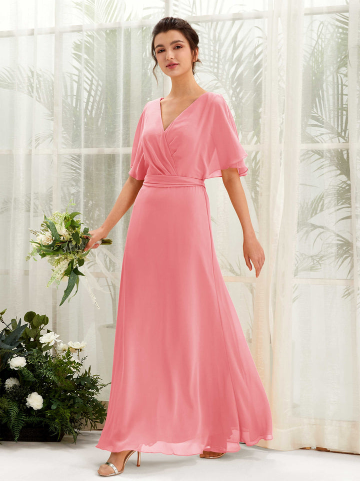 Carlyna Vestido Línea A Escote en V Manga Capa Hasta el suelo Dama de honor Rosa Coral 