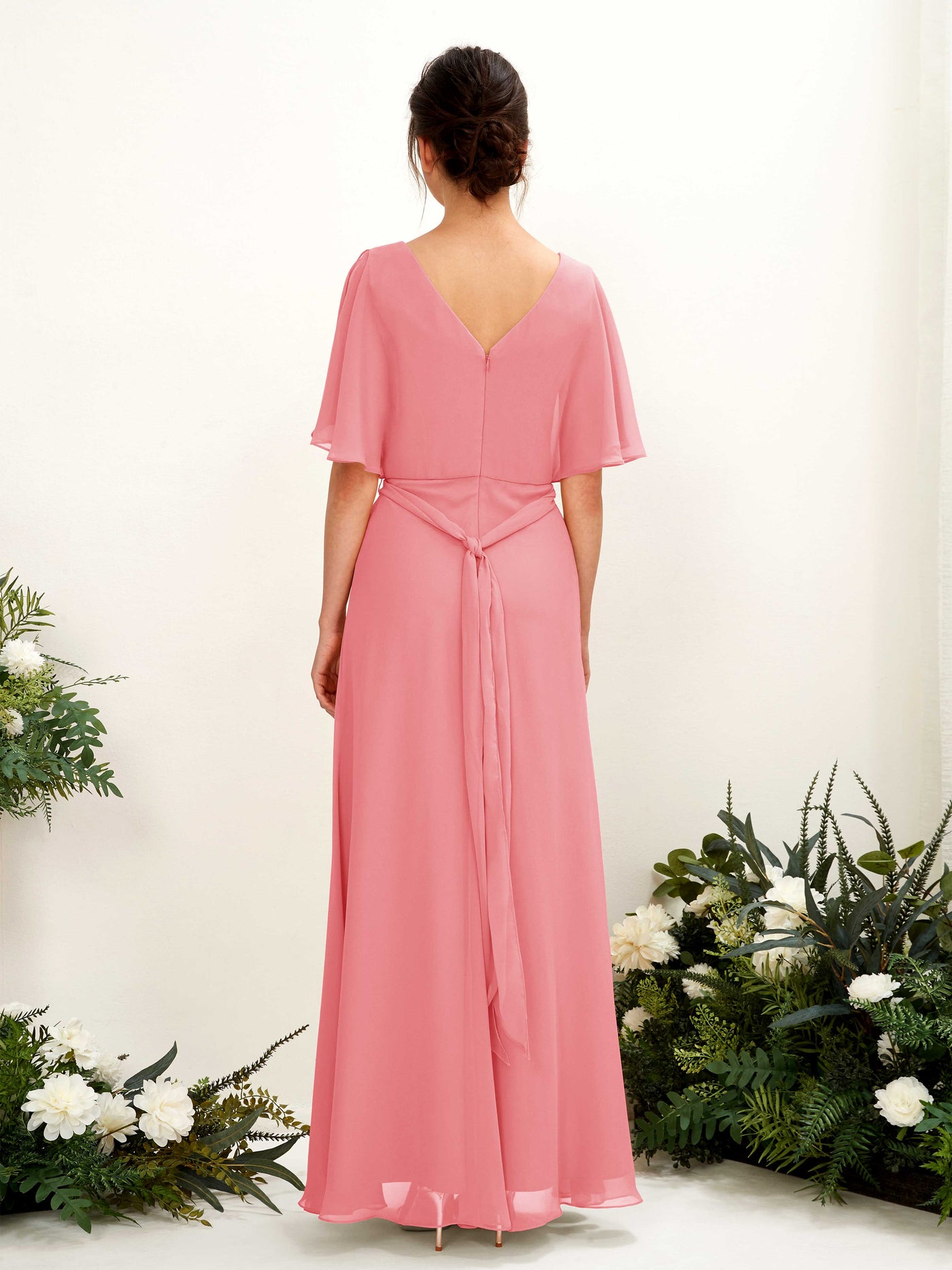 Carlyna Vestido Línea A Escote en V Manga Capa Hasta el suelo Dama de honor Rosa Coral #color_rosa-coral