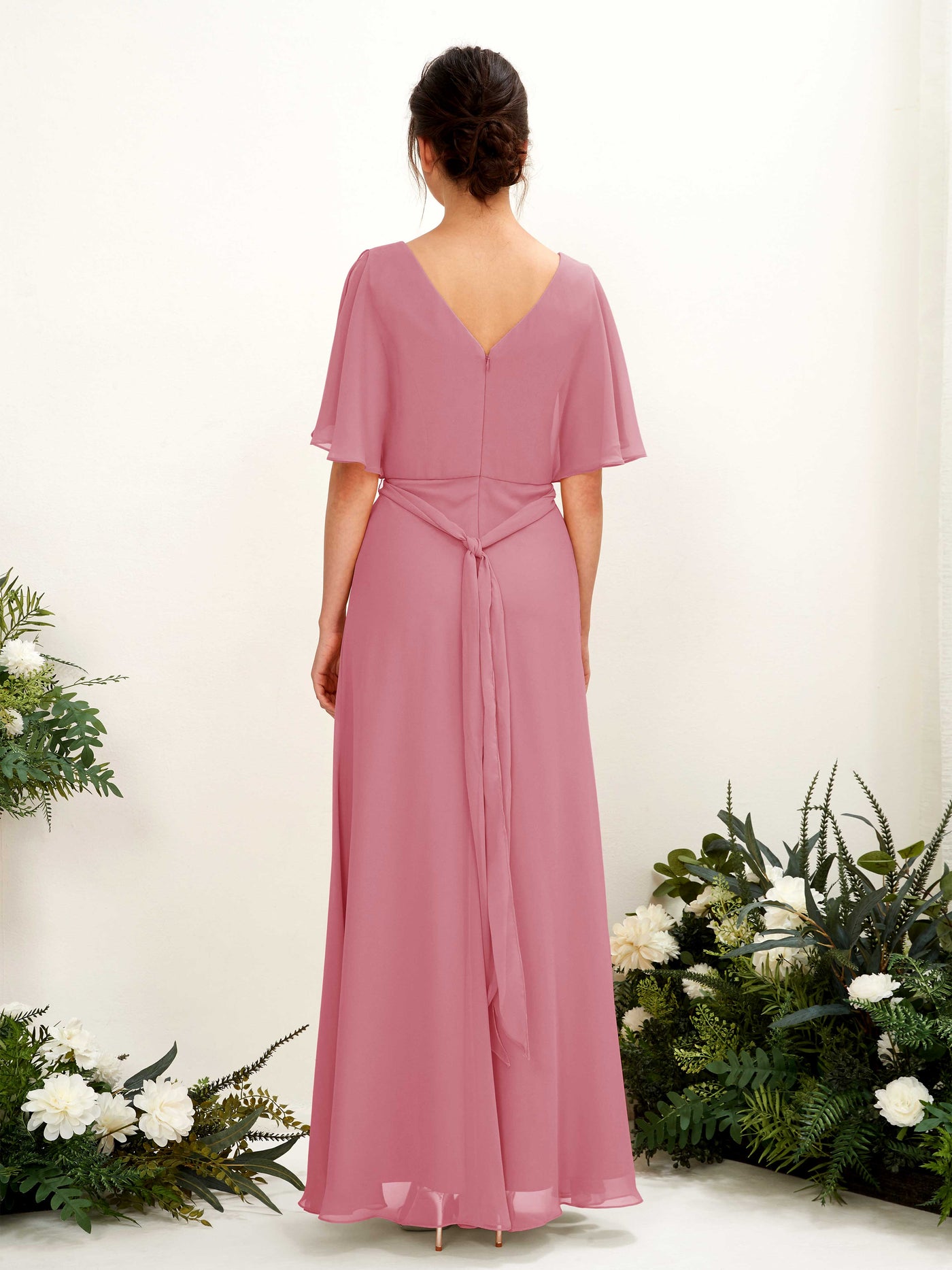 Carlyna Vestido Línea A Escote en V Manga Capa Hasta el suelo Dama de honor Rosa Del Desierto #color_rosa-del-desierto