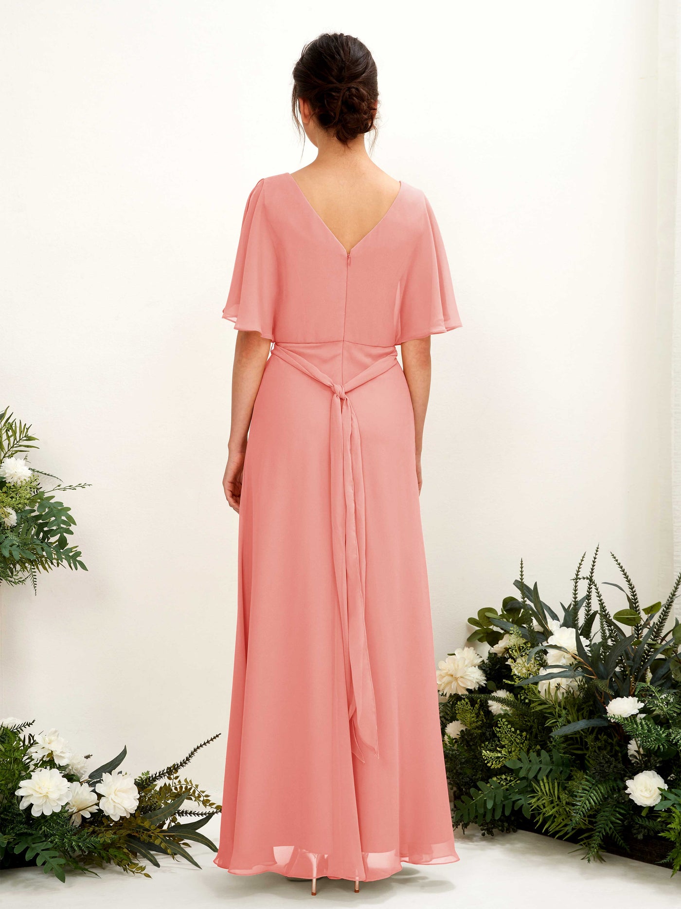 Carlyna Vestido Línea A Escote en V Manga Capa Hasta el suelo Dama de honor Rosa Melocotón #color_rosa-melocot-n