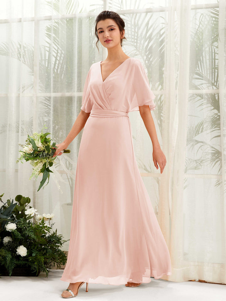 Carlyna Vestido Línea A Escote en V Manga Capa Hasta el suelo Dama de honor Rosa Perla 